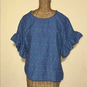 Drew Blue Ruffle Sleeve Top Embroidered M